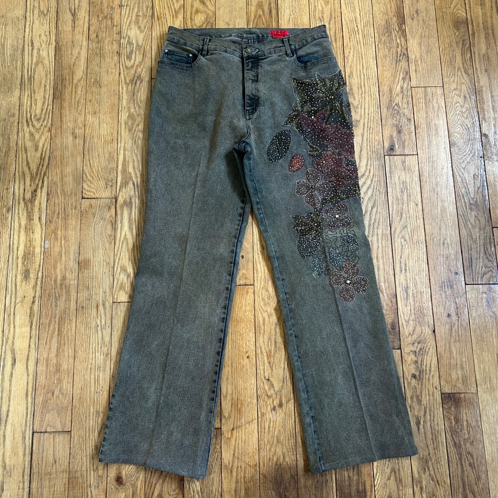 Carina Grey Acid Wash Y2K Floral Rhinestone Embroidered Stretch Jeans Size 14